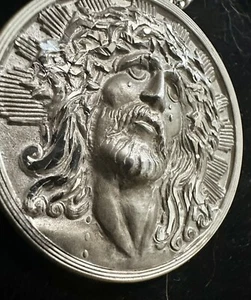Vintage Theda Sterling Jesus Pendant (1.5" Diameter) w 22" Chain - Picture 1 of 6