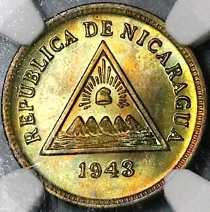 1943 NGC MS 66 Nicaragua 1 Centavo Volcanoes Liberty Cap Coin (24041902C) - Picture 1 of 6