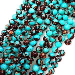 1strand 8mm Pretty Round Turquoise & Gold Copper Bornite stone Loose Bead A787 - Picture 1 of 2