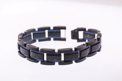 Shaquille O'Neal 16mm Stainless Two-Tone Blue Black Wood Grain Textured Bracelet - Image 1 of 4