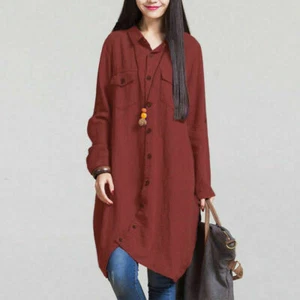 Zanzea Long Asymmetrical Button Front Collared Shirt Size 14 or 16 BNWT Claret - Picture 1 of 2