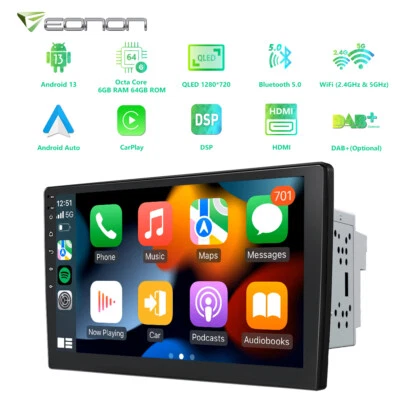 Double DIN 10.1" QLED Car Stereo Android 13 6+64GB GPS Navi Radio CarPlay 4G LTE - Image 1 of 4