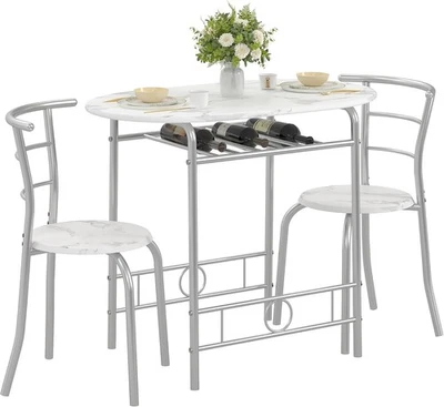 Juego de Comedor 3 Piezas Mesa Oval Mármol y Sillas con Botellero Blanco Foto 1 de 4
