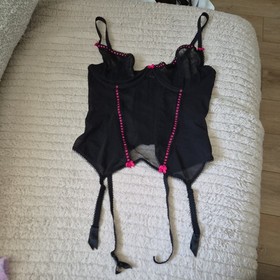 Vintage Ann Summers Black Extra Sheer Peep Corset Lace & Ribbon Trim Size 36DlC