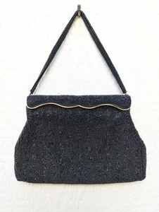 Vintage Made In France Black Beaded Purse Bag With Gold Trim - Picture 1 of 5