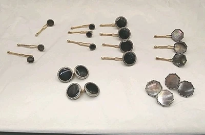 Art Deco Krementz Cufflinks Onyx Mother Of Pearl Gold Silver Round Octagon 17 Pc - Image 1 of 4