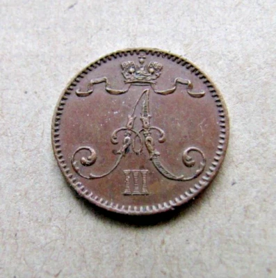 ✔ 1 Penni 1893 Finland/Russian Empire XF original coin patina Tsar Alexander III - Image 1 of 2