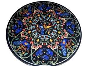 60" Antique Nature Inspired Black Marble Dining Table Pietra Dura Hallway Table - Picture 1 of 9