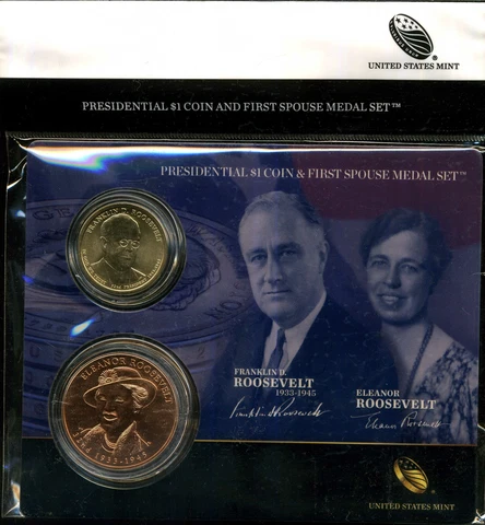 2014 US Mint Franklin Roosevelt Presidential Dollar & First Spouse Bronze Medal Cover