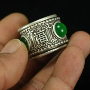 Chinese Old Tibet Silver Inlay Green Jade FuLuShou Ring 21mm - Picture 1 of 11