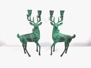 Par de Candelabro de Colección 11 1/2"" Verde Latón Ciervo Reno Portavelas Navidad - Imagen 1 de 7