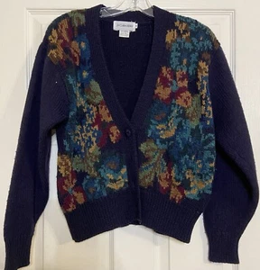 Cárdigan Suéter JH Collectibles 100% Lana Para Mujer Azul Marino Floral Talla M Manga Larga - Imagen 1 de 4
