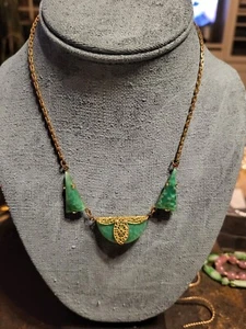 1930's Chzecslovokian Green Glass & Bronze Necklace ...a Beauty! - Picture 1 of 10