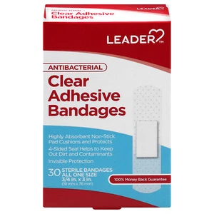 Antibacterial Clear Adhesive Bandages All One Size Long Lasting Leader 30 Count - Picture 1 of 5