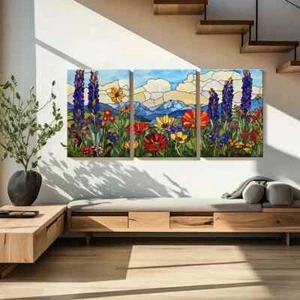 3pcs Stained Glass Wildflowers Mountain Landscape Metal Print Ready to Hang Art - Bild 1 von 8
