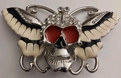 Пряжка для ремня большая 4,5 дюйма серебряный череп с крыльями бабочки ужасы гот байкерская фантазия - Изображение 1 из 4