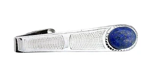 1 3/4 INCH TAPERED OVAL LAPIS LAZULI SILVER COLOR TIE CLIP TIE BAR EPTT12/9425 - Picture 1 of 2