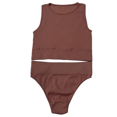 SKIMS Stretch Rib High Neck Bralette + Thong Set NEW Rose Clay S/M - Image 1 of 4