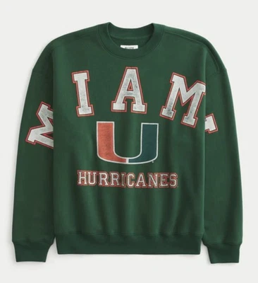 Talla L Hollister Boxy Universidad de Miami Huracanes Gráfico Crew Sudadera Verde Foto 1 de 3