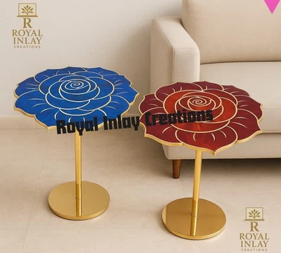 Pair of 3D Rose Design Gemstone Side Tables Lapis Lazuli & Red Jasper Inlay - Image 1 of 4