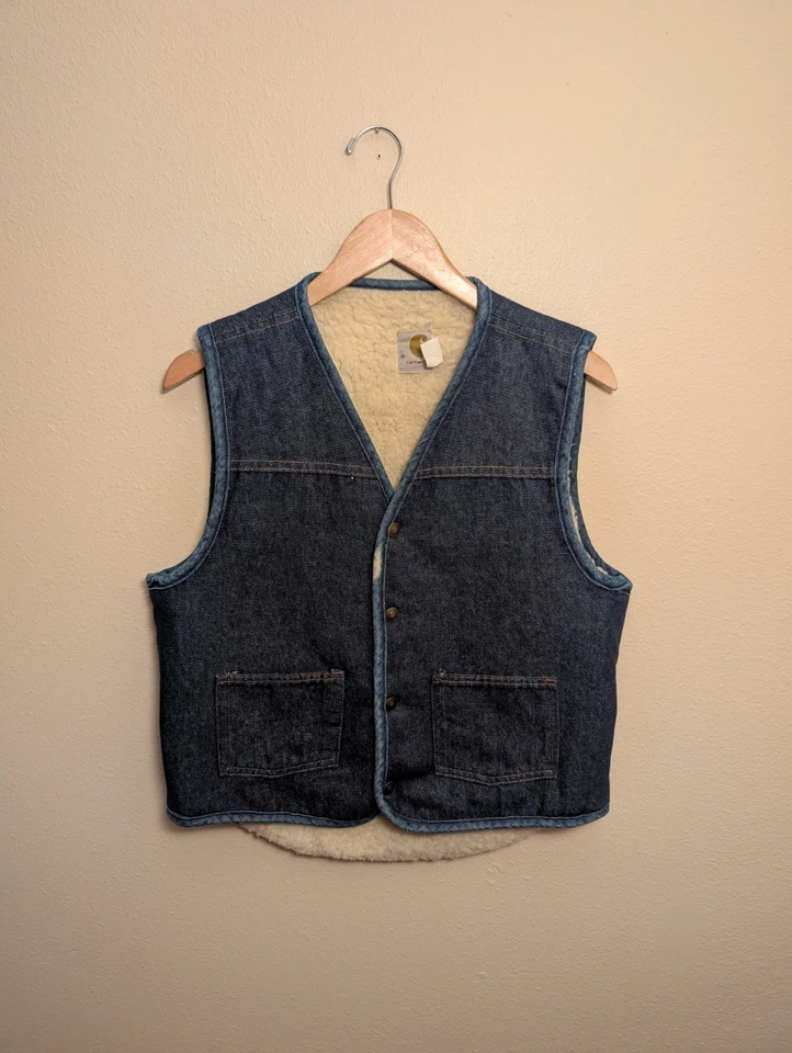 Chaleco Carhartt Denim Oscuro Lavado Verdadero Vintage Años 70 Forrado de Lana Para Hombre Talla Mediana Foto 1 de 3