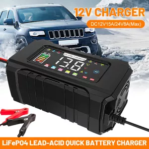 15-Amp Battery Charger 12V 24V LiFePO4 Lead Acid Portable Car Battery Charger - Picture 1 of 24