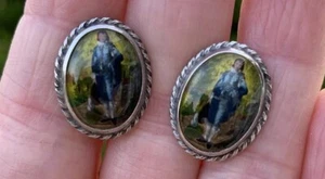Sterling Silver The Blue Boy Portrait Miniature Earrings Vintage Reverse Glass - Picture 1 of 12