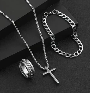 Collana, Bracciale Anello Set di 3 Anello in Acciaio Inox Misura 60 Croce - Foto 1 di 1