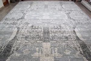 12x15 Gray Oriental Wool Silk area rug 370x450 cms pastel Grey colour carpet - Picture 1 of 12