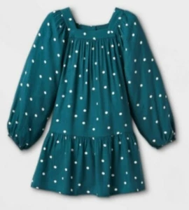 Girls Ong Seeve Square Neck Printed Woven Dress (Cat&Jack) Large (10-12) BlueGre - Picture 1 of 2