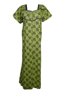 Green,Black Maxi Kaftan Printed Cotton Cap Sleeves Nightgown Housedress Caftan L