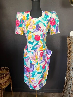 Vestido De Colección Años 80 Para Mujer Joan Leslie Talbots Audaz Floral Manga Abullonada Talla 6 Pequeño Foto 1 de 4