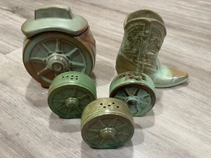 Set of 5 VTG Frankoma Wagon Wheel Prairie Green Pottery Shakers Vase FRK 134 948 - Picture 1 of 11