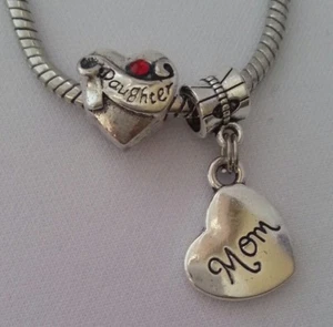 Mom Mother Daughter Heart Sideways Charm Pendant for European Bracelet Necklace - Picture 1 of 3