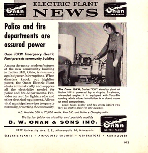 Onan Electric Plant Emergency Electric Fire and Police Vintage Print Ad 1957 - Picture 1 of 4