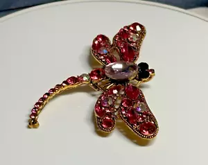 Brooch Dragon Fly Gold Metal Pink Crystals Rhinestone Cubic Zirconia Big - Picture 1 of 14