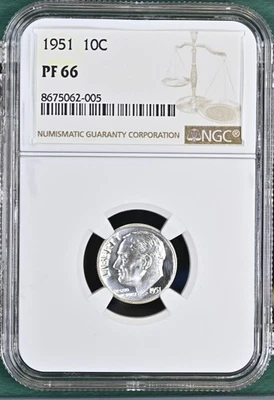 Moneda de diez centavos Roosevelt 1951 prueba NGC PF-66-005 Foto 1 de 2