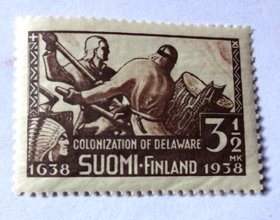 Sello de Finlandia de 3 1/2 MK 1938, MNH. Colonización de Delaware por suecos y finlandeses Foto 1 de 2