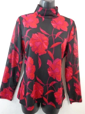 Blusa Tahari Para Mujer L Roja Negra Segunda Piel Transparente Manga Larga Cuello Simulado Foto 1 de 4