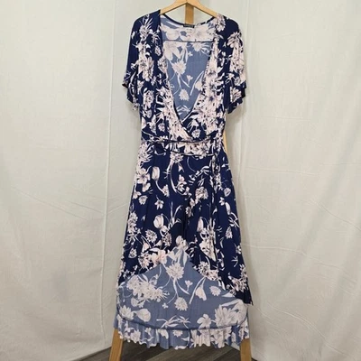 Venus Womens Blue Pink Floral Wrap Dress Size 2X V Neck Short Sleeve Ruffled Hem Foto 1 de 4