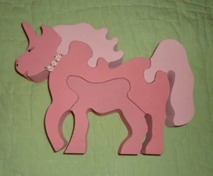 PINK Wood Unicorn Puzzle*Table Decoration*4 Pieces - Picture 1 of 3