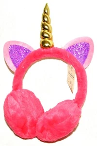 Einhorn Ohrenschützer Kinder weich flauschig Plüsch dunkelrosa mit Goldhorn & rosa Ohren - Bild 1 von 2