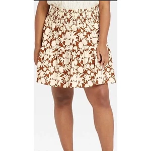 3X Floral Mini Skirt NWT Smocked Waist Tiered Brown Cream 3X - Picture 1 of 10