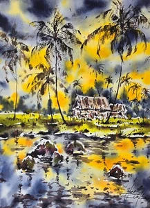 Original Aquarell Gemälde Thailand Landschaft Kunst Palmen Kunstwerk 15"x11" - Bild 1 von 2