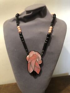 Lee Sands Inlaid Abalone Shell Pendant On Pink And Black Beaded Necklace