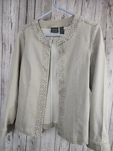 Additions by Chico's Tan Denim Jacket Size 0 Silver Studded Collar Front/Closure - Picture 1 of 11