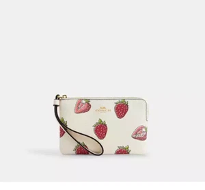 Coach Corner Zip Wristlet With Strawberry Print In Canvas/Chalk Multi CBB81 NWT - Picture 1 of 6