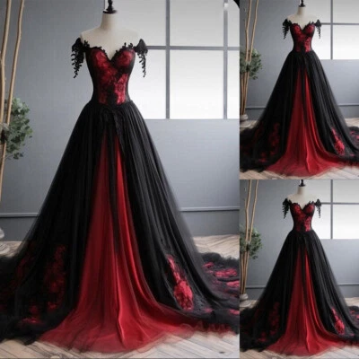 Black Red Gothic Wedding Dresses A Line Off Shoulder Lace Appliques Bridal Gowns - Image 1 of 4
