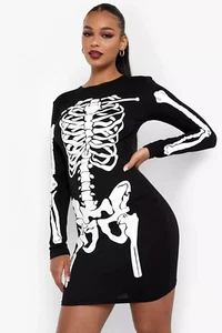 Vestido midi para mujer manga larga Halloween esqueleto ceñido al cuerpo cuello redondo estampado de huesos - Imagen 1 de 6