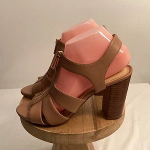 Michael Kors Damita Cashew Brown Leather Sandal Block Heel Gold Zip Size 8 - Picture 1 of 7